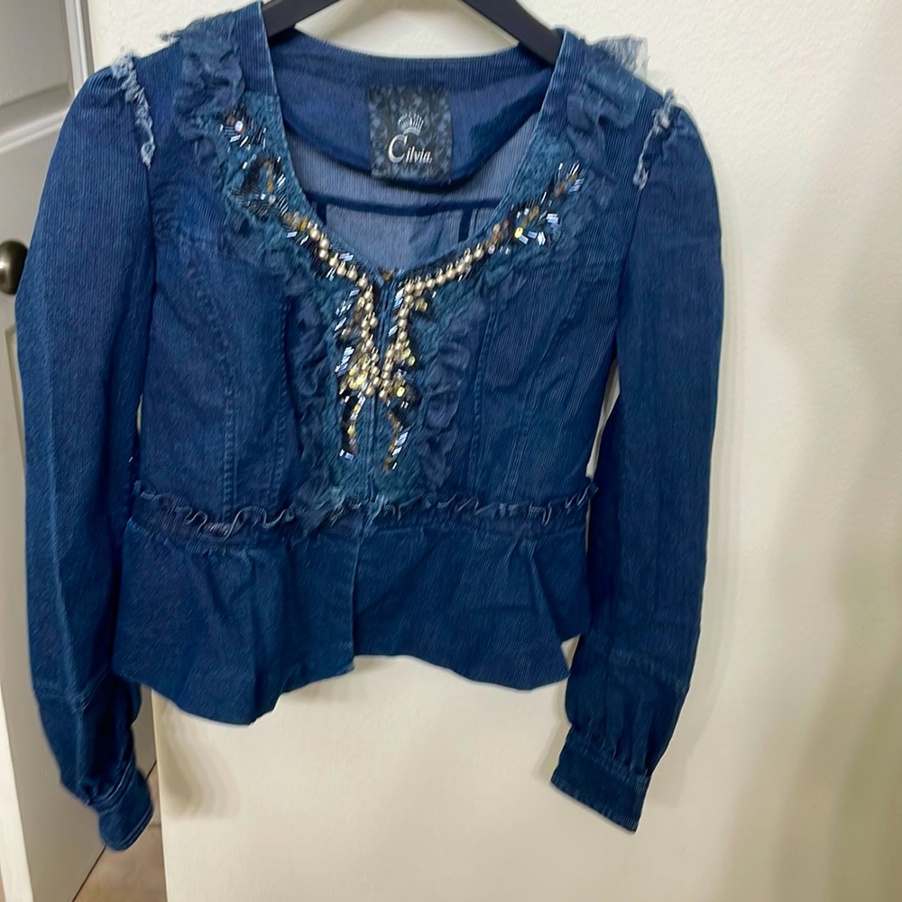 very feminine jeans jacket with lace and faux pearl detail